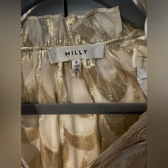 Milly Gold and Cream Silk Blend Patterned Tie Neck Blouse - Size XS - Picture 3 of 5
